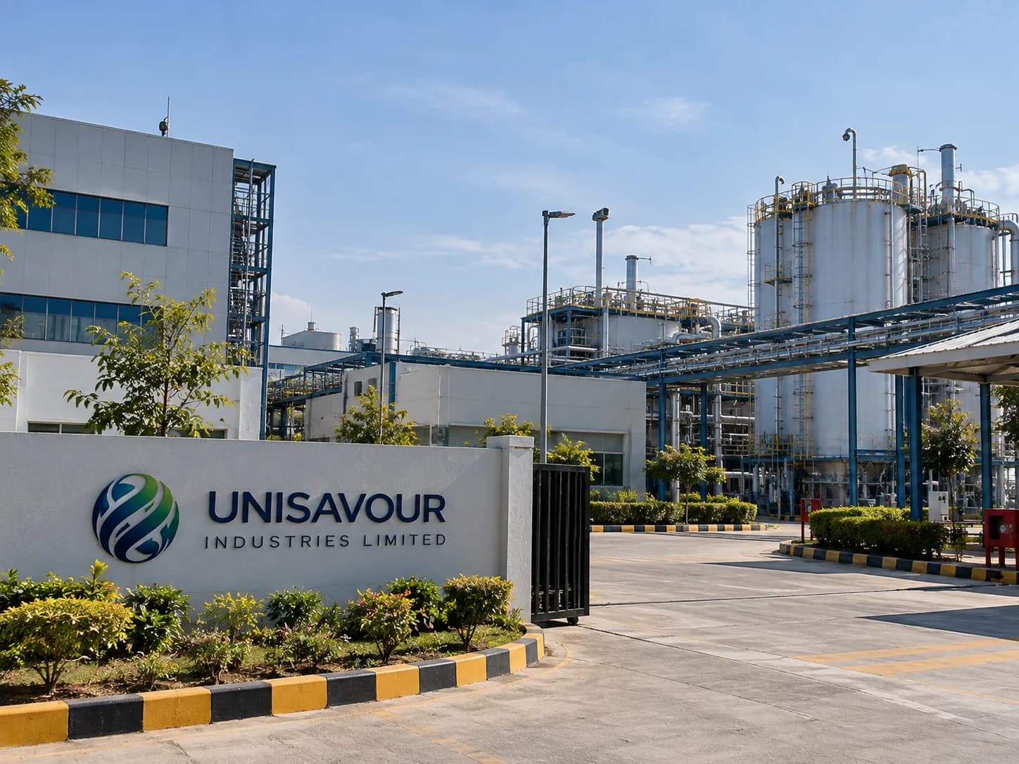 Entrance of an industrial facility with Unisavour Industries Limited signage, process buildings and storage tanks